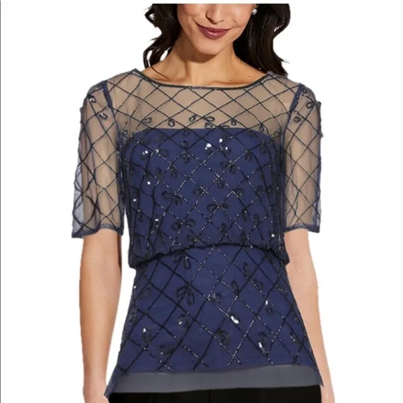 Adrianna Papell Navy Blouson Beaded Top - Picture 2 of 6